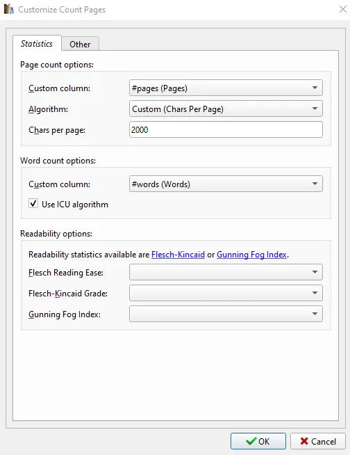 screenshot of the count pages menu