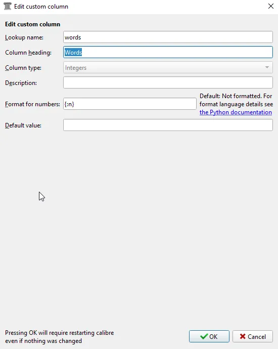 screenshot of the custom column menu