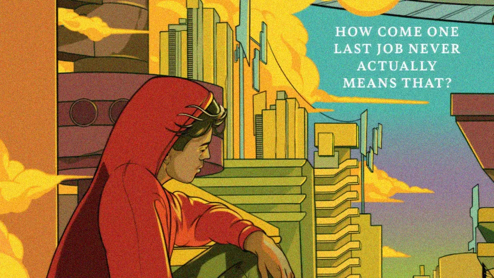crop of the cover of Hammajang Luck. A non-binary Hawaiian person with short hair sits on a rooftop against a brightly coloured futuristic city skyline. the book's tagline reads, "How come one last job never actually means that?"
