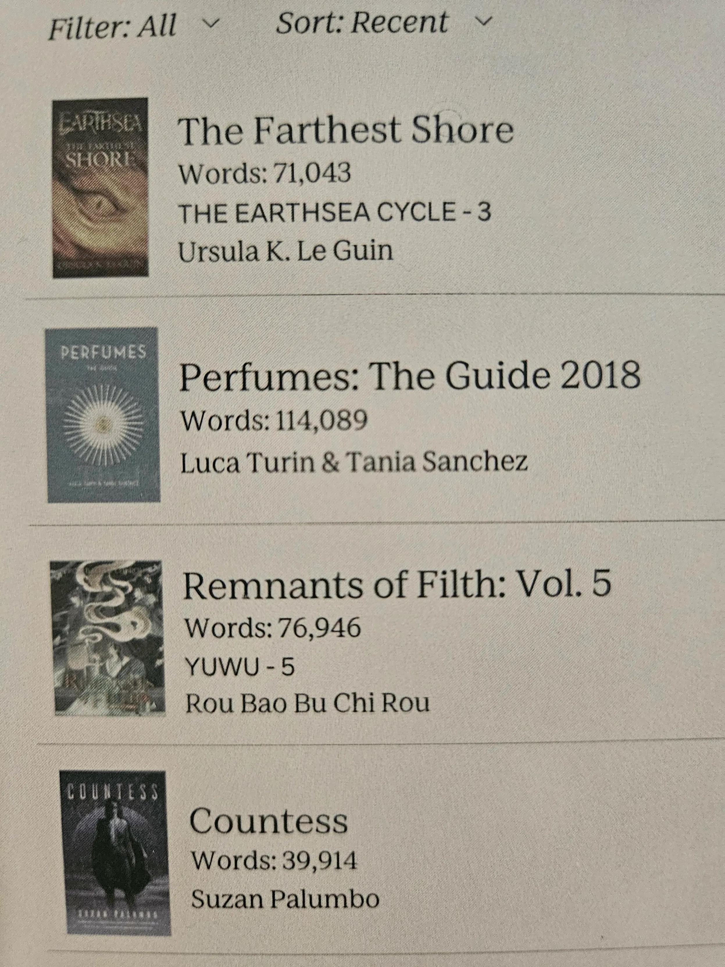 photo of my kobo screen with a list of books, each of which have a word count listed under the title