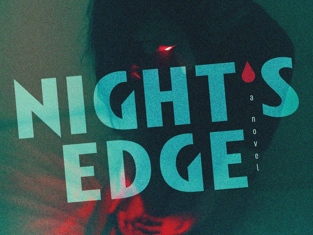 still frame from Love Lies Bleeding - a woman with dark curly hair walks up a set of stairs. she wears a white tank top and pink and white striped shortscropped cover to "Night's Edge", showing an illustrated figure looking down at red-stained hands
