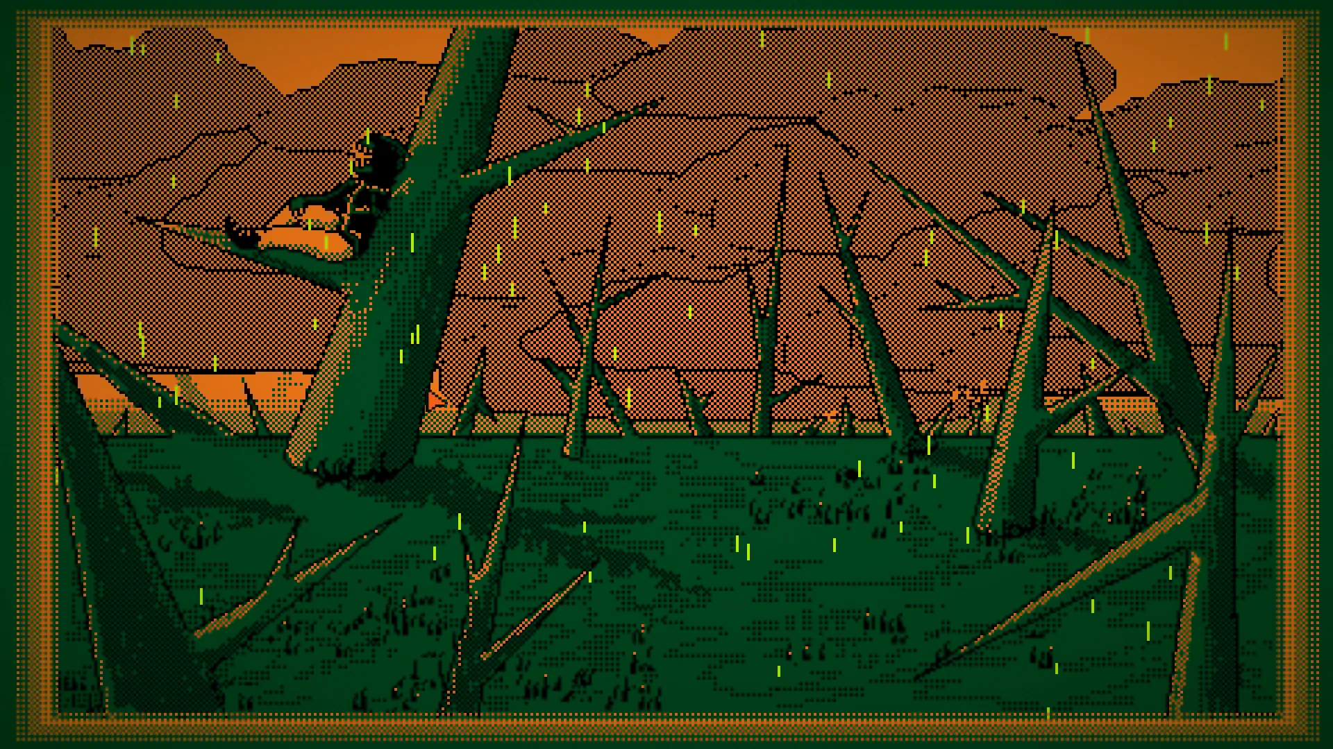 acid rain falling over a field as a reptilian humanoid reclines against a thorn-tree