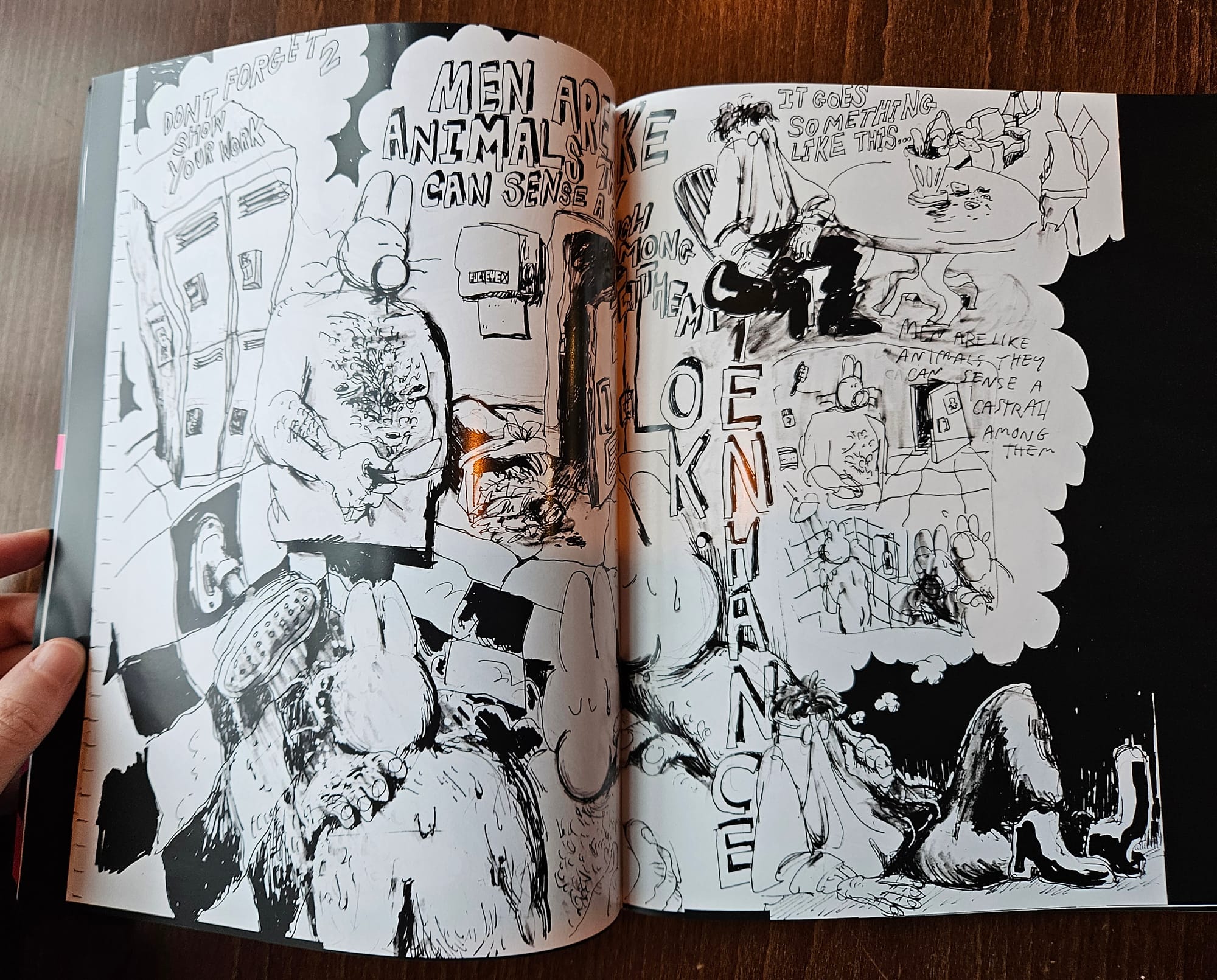 sample spread of comics art done in a ragged, b&w style, with words and images focused on neurotic masculinity