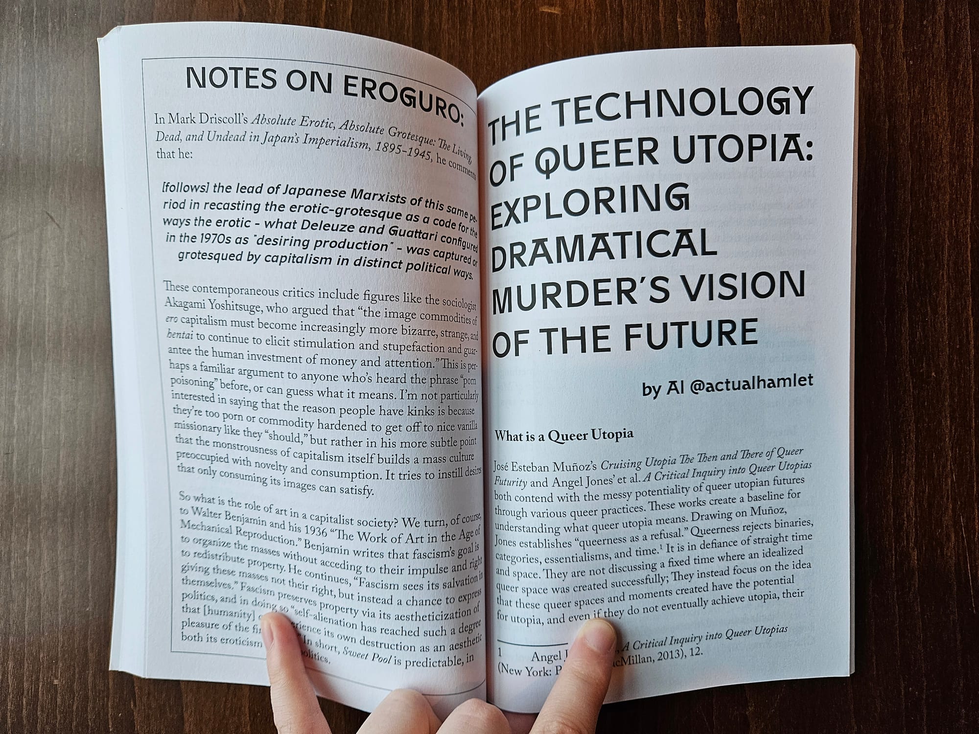 spread of Yaoi Zine 4. the left-hand page is titled "Notes on Eroguro," while the right is "The Technology of Queer Utopia: Exploring Dramatical Murder's Vision of the Future"