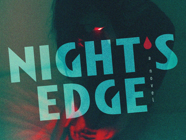 cropped cover to "Night's Edge", showing an illustrated figure looking down at red-stained hands