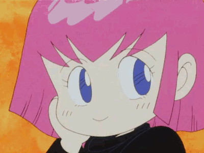 gif of haman karn, a magenta-haired gundam character, first smiling cutely in a chibi form and then laughing with increasing derangement levels